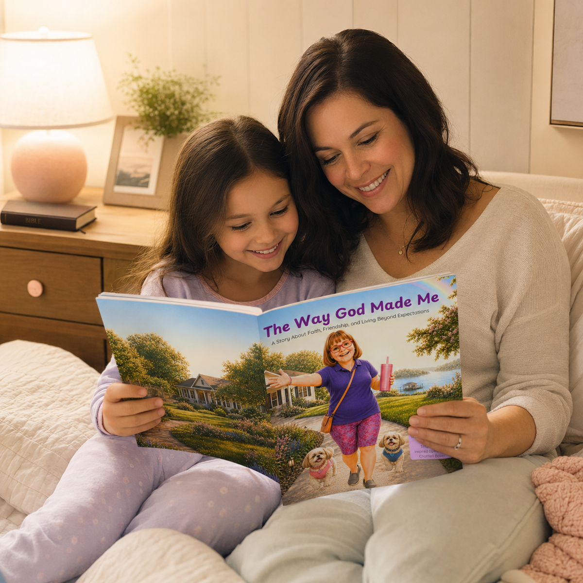 A woman and a young girl are sitting together on a bed, smiling as they read a children's book titled "The Way God Made Me."